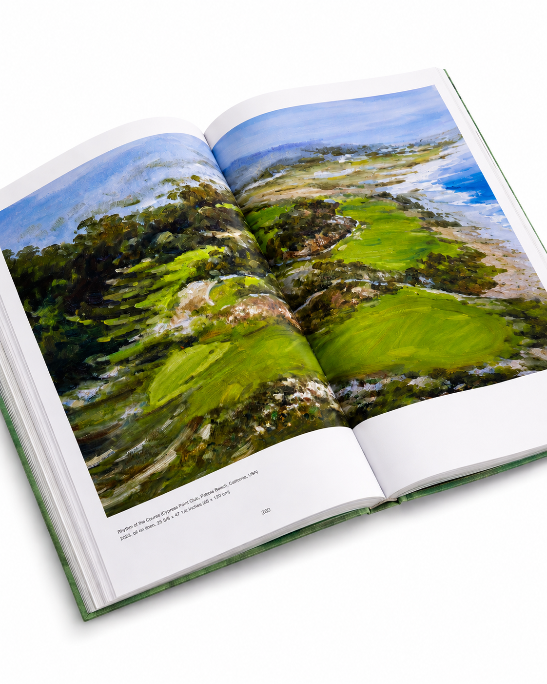 Open book showing a Hudson Zhang golf landscape painting