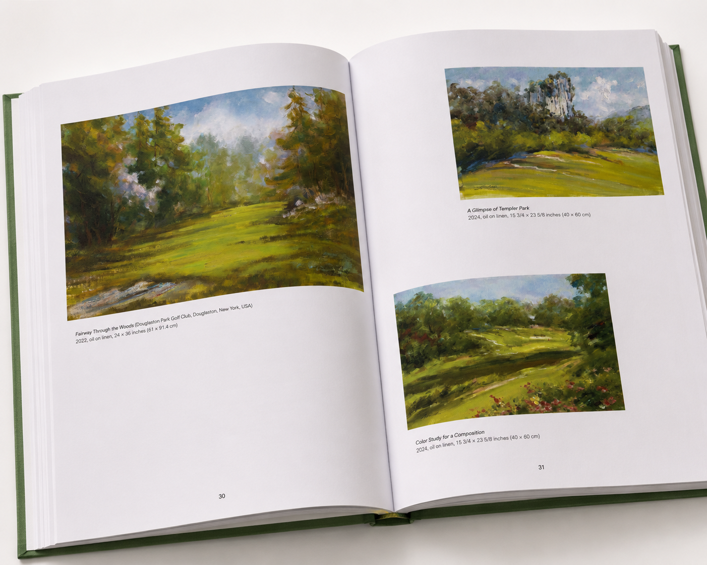Open book spread with multiple Hudson Zhang paintings