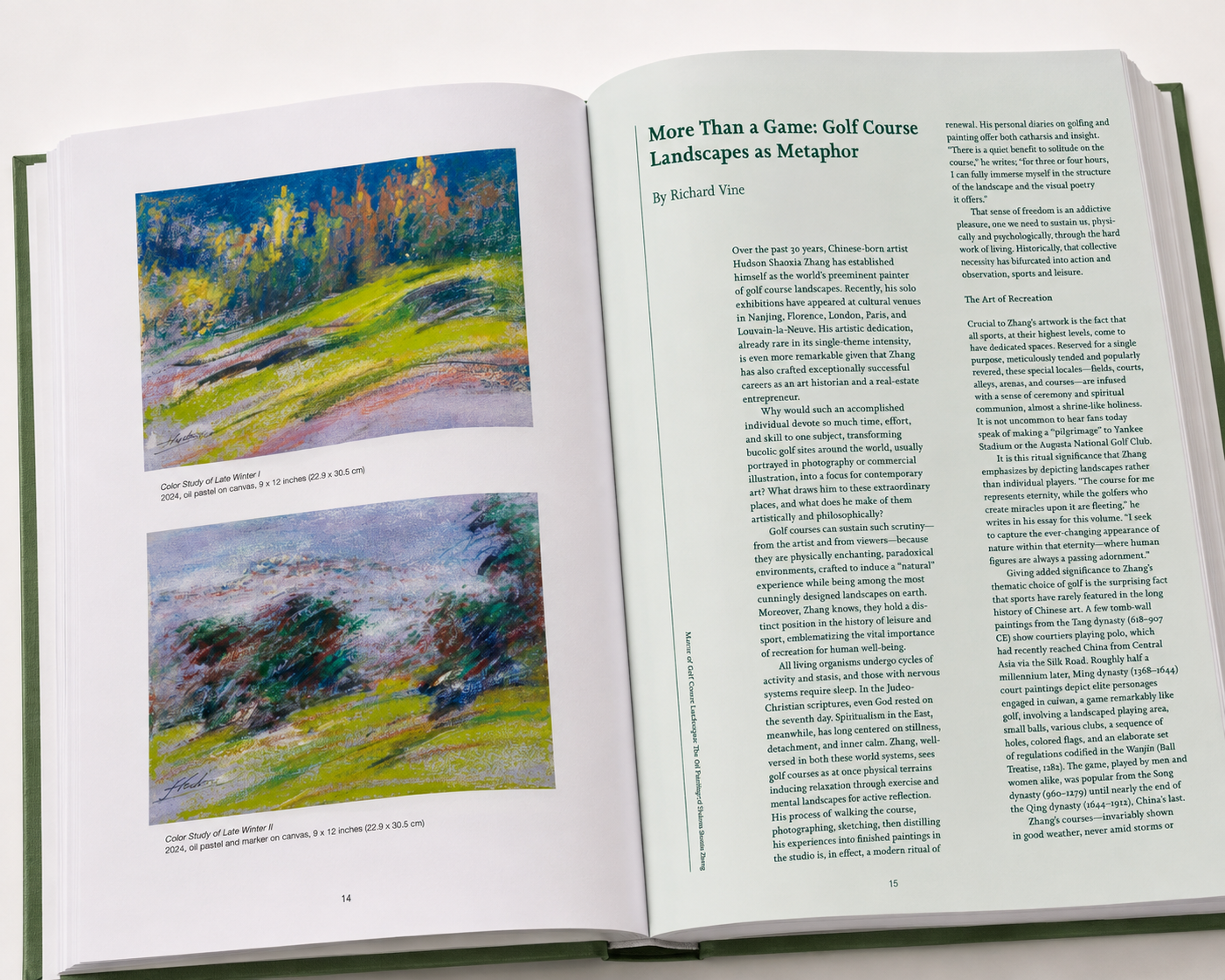 Open book spread with essay and painting plates